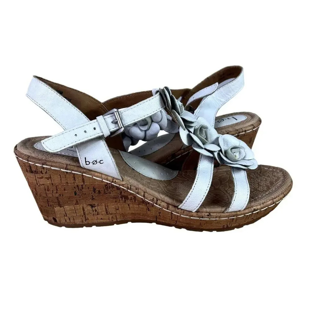 BOC Cornelis Wedge Sandals 10M White Floral Adjustable Ankle Strap Leather Upper